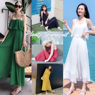 Pleats Jumpsuit จั๊มสูทสายเดี่ยว สีพื้นเรียบ อัดพลีทแบบปังๆ จั๊มสูทอัดพลีทขายาว งานป้าย