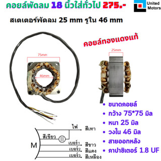 คอยล์มอเตอร์พัดลม 18นิ้ว  25 mm รูใน 46 mm รับประกันทองแดงแท้ใหม่