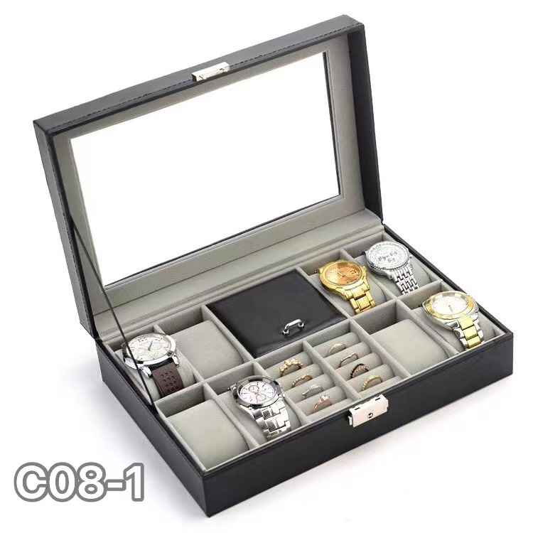 กล่องนาฬิกา+เครื่องประดับ PUหนังสีดำคลาสสิก กล่องใส่นาฬิกา Leather Watch Box C08-1