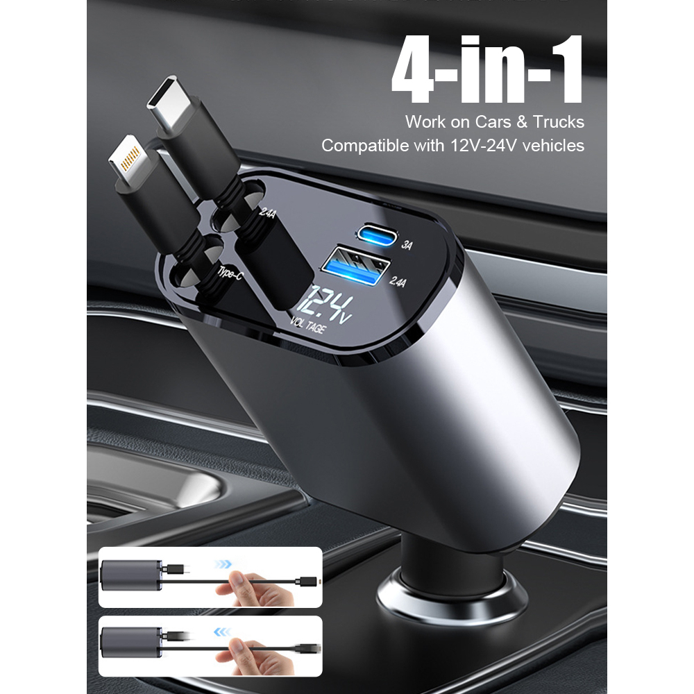 100W Car Charger 4 IN 1 พอร์ต USB คู่ 2 Telescopic Cable Fast ชาร์จอะแดปเตอร์ไฟแช็กสำหรับ iPhone Hua