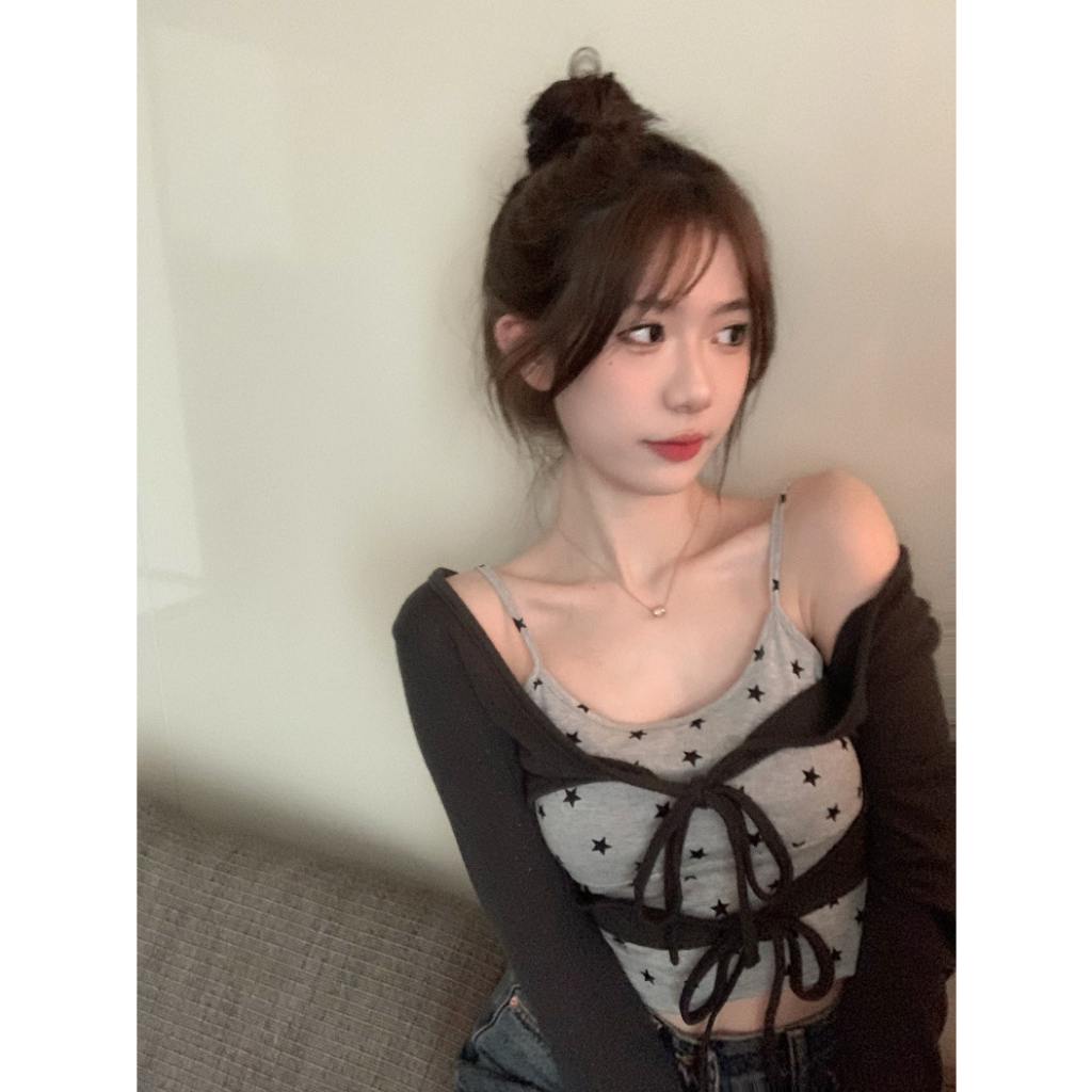 Cicishop(D189)Double Tops เสื้อสายเดี่ยว+เสื้อคลุมครอปผูกเชือก ใส่แมตช์เปรี้ยวแซ่บสุดๆ