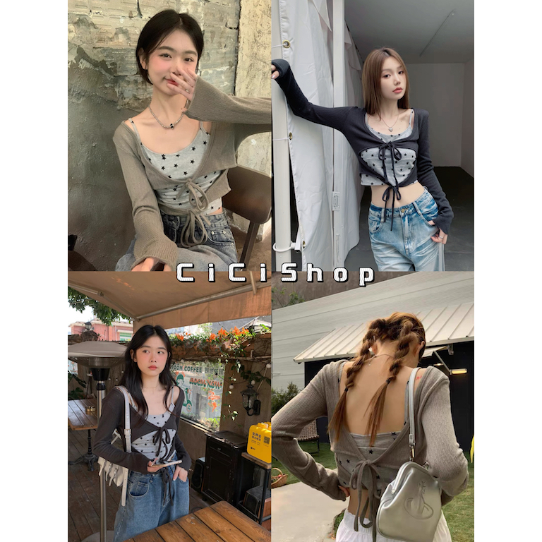 Cicishop(D189)Double Tops เสื้อสายเดี่ยว+เสื้อคลุมครอปผูกเชือก ใส่แมตช์เปรี้ยวแซ่บสุดๆ