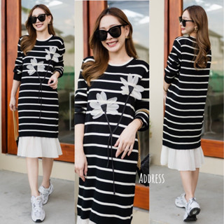 🌈🌿🌺🌸🌼💙🧡🇰🇷Knit Stripe Plain Long Sleeve Floral 3D Maxi Dress