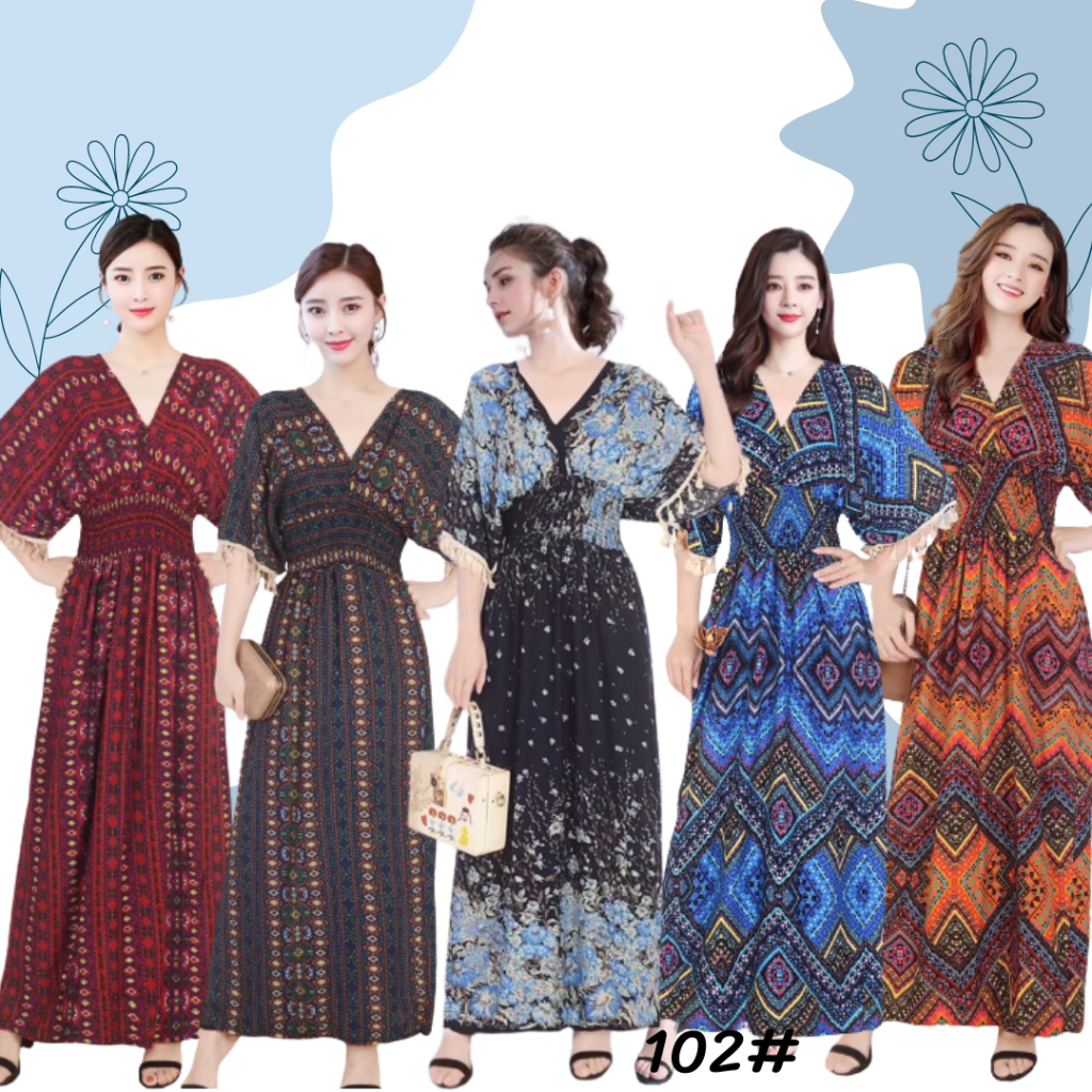 [BAHANMEI] เดรสผ้าสปันลายดอกไม้พริ้วสวยเอวจั้ม ไล่เฉดสีทูโทนสวยๆ