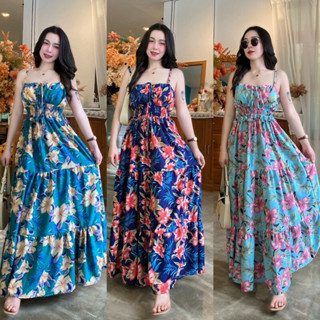 MM18890 เดรสสายเดี่ยวยาว ลายดอกไม้ Long one-piece dress, floral pattern