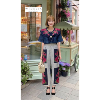 Lalisa999ราคาถูกที่สุด!! Widelia Set น่ารักตัวนี้ ตัวเสื้อทรงปล่อยช่วงปกปักดอกไม้แขนสั้น