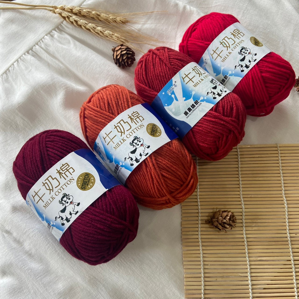ไหมพรมคอตตอนนม 50 กรัม 5 ply - โทนส้มแดง