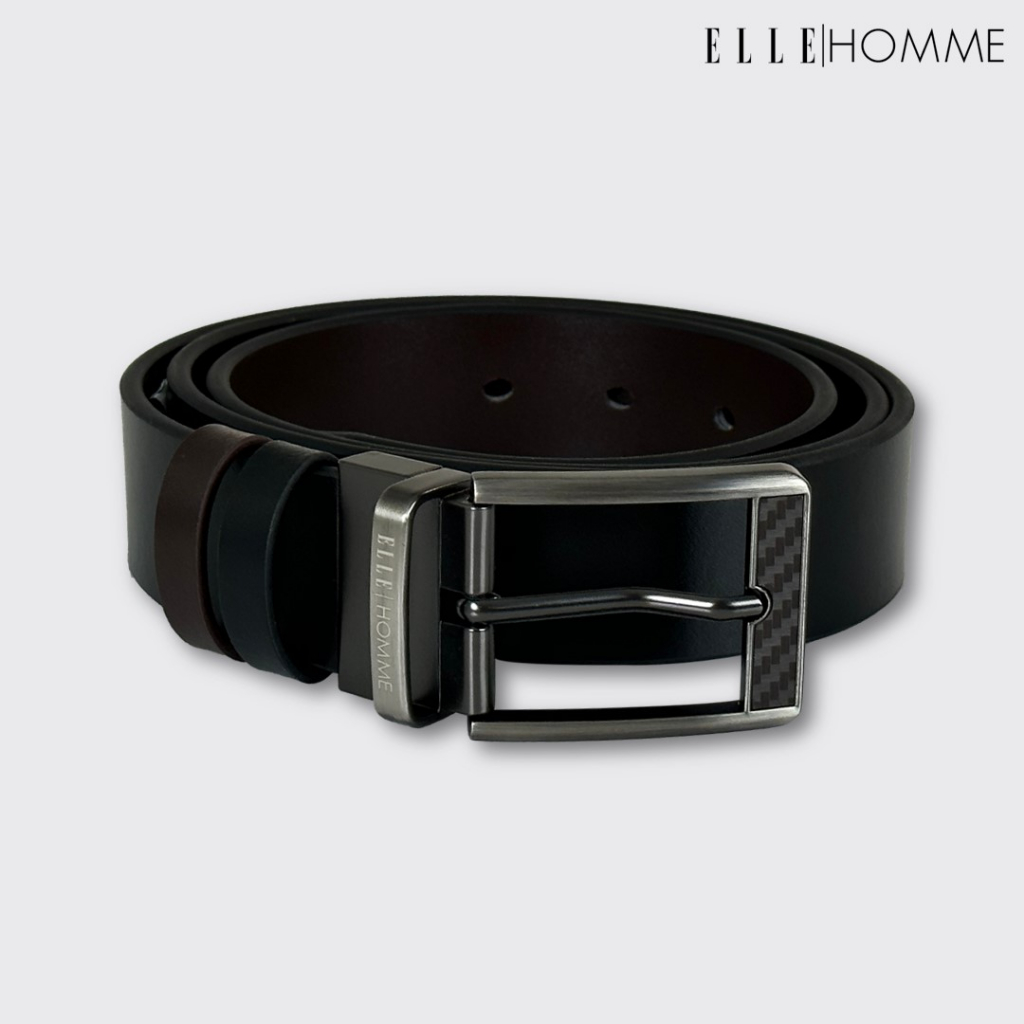 ELLE HOMME | เข็มขัดหนังวัวแท้ สไตล์ Casual Business สลับใช้งานได้ 2 ด้าน สีดำ/น้ำตาล | H84007