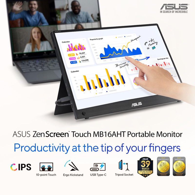 ASUS ZenScreen Touch MB16AHT Portable Monitor 15.6" FHD (1920 x 1080), IPS, 10-point Touch, Mini-HDMI, Foldable Stand, Tripod Screw Hole, ASUS Flicker-Free and Low Blue Light Technology