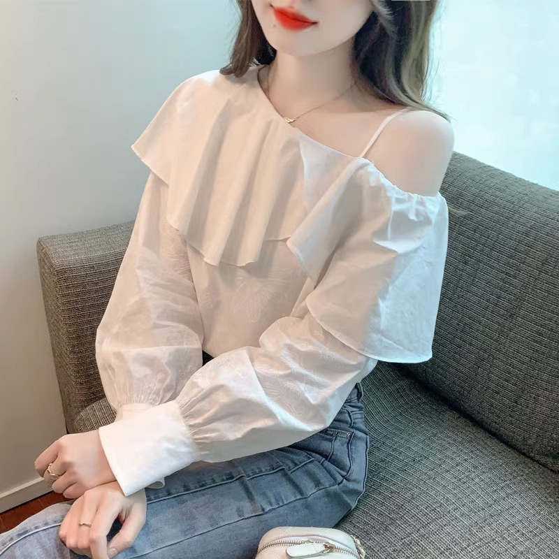พร้อมส่ง PBB017 เสื้อเชิ้ตแขนยาวเซ็กซี่โชว์ไหล่ข้างหนึ่งผู้หญิงขนาดใหญ่ เสื้อน่ารักแฟชั่นเกาหลีลำลอง ทรงหลวม