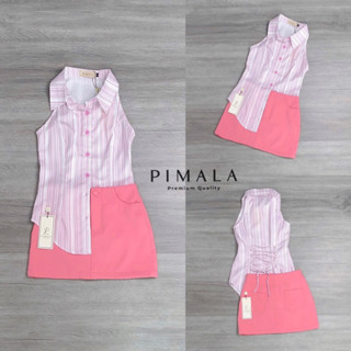 Pimala เซ็ทเสื้อเชิ้ตคอปกแขนกุดโทนสีน่ารักสายผูกเข้ารูปด้านหลัง มาคู่กับกระโปรงสั้นสีชมพูเข้าเซ็ทกัน