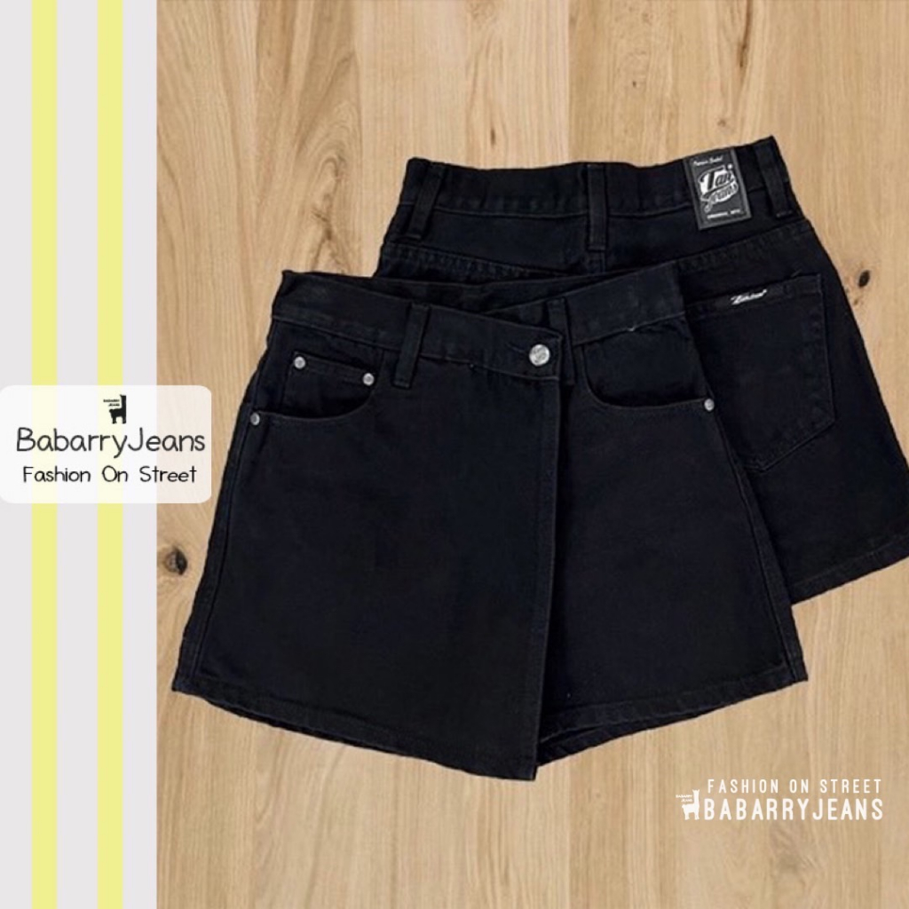BabarryJeans กระโปรงกางเกง ผญ เอวสูง ผ้ายีนส์ไม่ยืด สีดำซุปเปอร์แบล็ค ยาว 15 นิ้ว