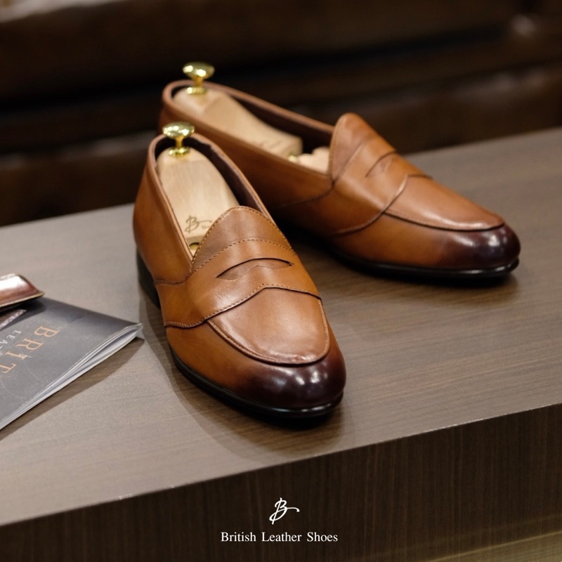 British รองเท้าหนัง รุ่น Full strap penny loafer(Brown) พ่นสีหัวและท้ายเทคนิคพิเศษ