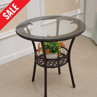 โต๊ะสนามกระจก โต๊ะกาแฟกลางแจ้ง Patio Round Bistro Table กลม Metal Frame Tempered Glass Top For Balcony Backyard Lawn Bal