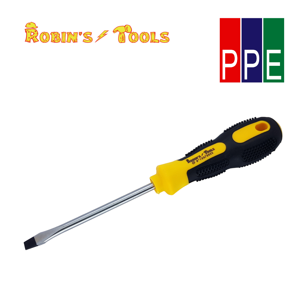 6625 [Robin's tool] ไขควงด้ามยางกลมปากแบน Slotted 6.0mm. 6x100mm.