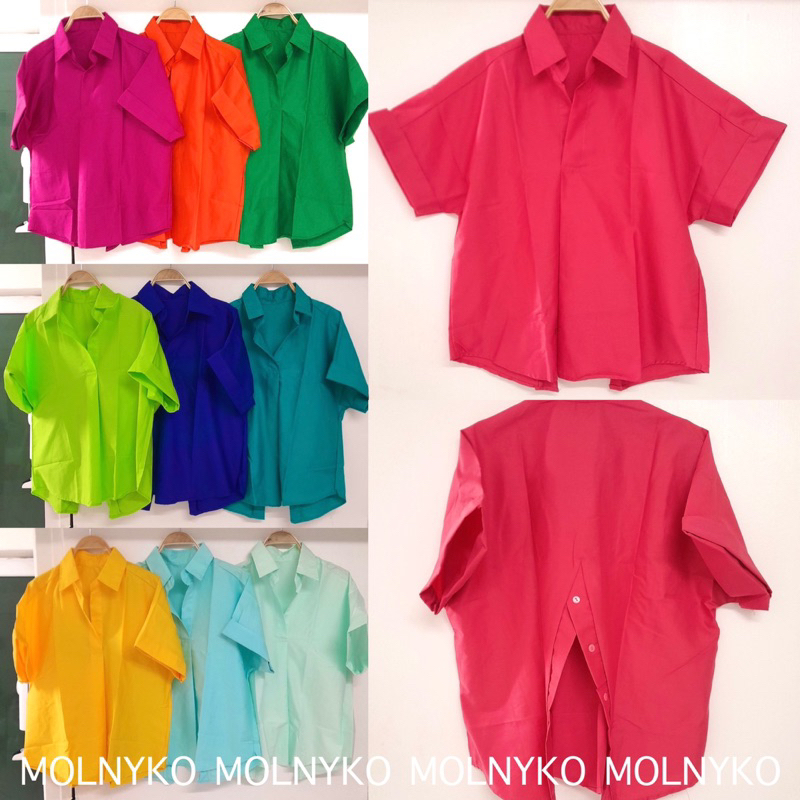 shirt cotton เสื้อเชิ้ตแขนสั้นผ่าหลังแขนเบิ้ลสีสดใสมาก