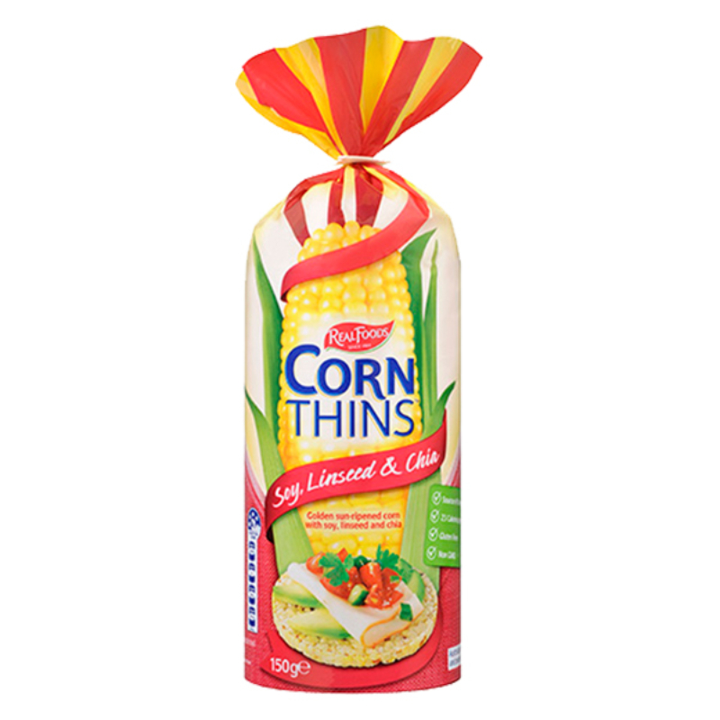 คอร์นติน แผ่นข้าวโพดอบกรอบ ผสมถั่วเหลืองและธัญพืช 150 กรัม - Corn Thins Soy, Linseed & Chia 150g