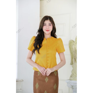 เสื้อผ้าไหมอัดผ้ากาว แต่งจีบคอแขนกลีบบัว(เฉพาะเสื้อ)