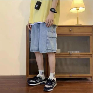 กางเกงยีนส์ขาสั้น cargo เอวยางยืด ผู้ชาย 3 สี