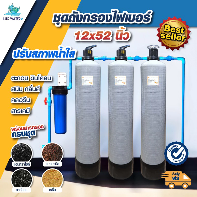 [*โค้ดส่วนลด*จัดส่งฟรี] ชุดถังกรองน้ำใช้ 12" ถังกรองไฟเบอร์+สารกรอง+ไส้กรองPP+กระบอก (ฝุ่น กลิ่นสี สนิม หินปูน)