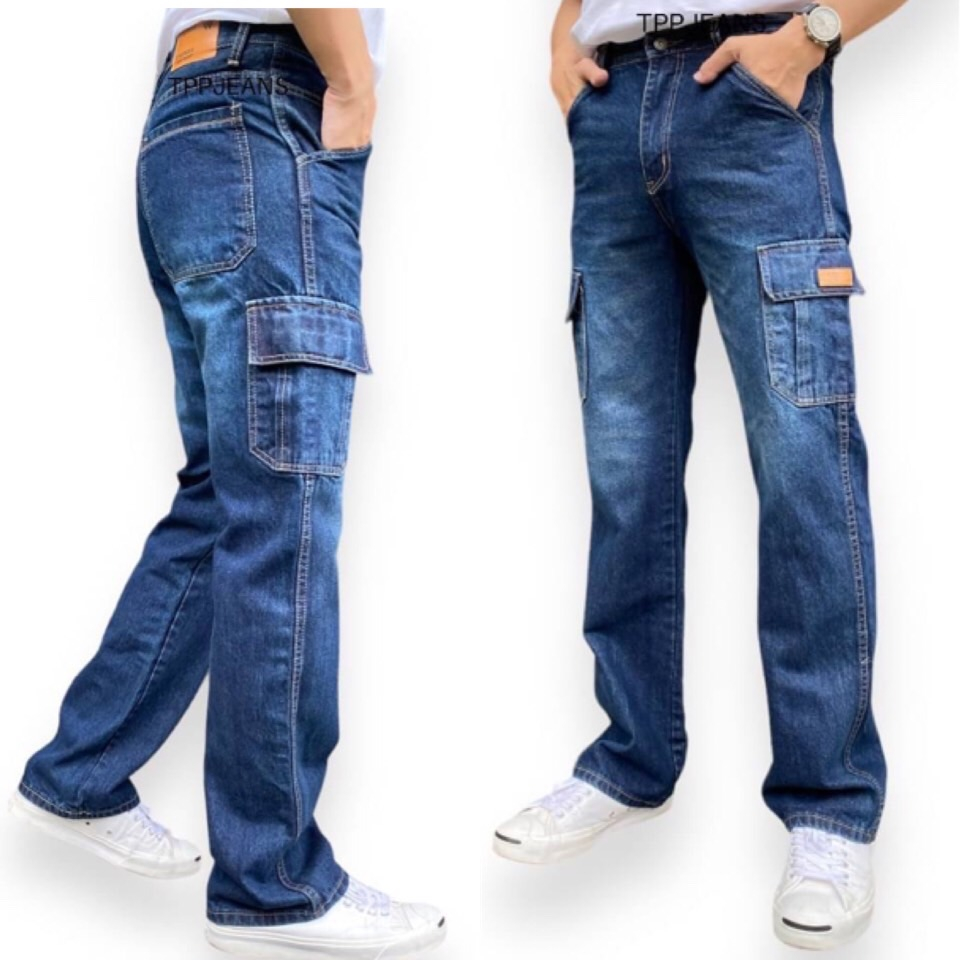 JEANSEXPRESS Cargo13oz. Denim กางเกงยีนส์ชายสีบลูเข้มฟอก กระเป๋าข้าง ทรงกระบอก เป้าซิป ไม่ยืด ทรงสวย Size 28-36