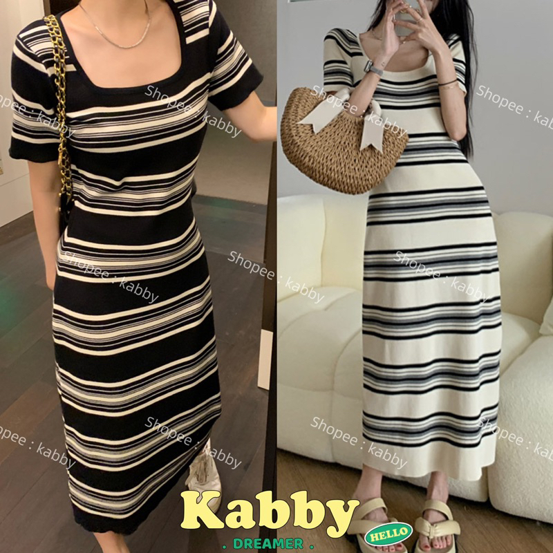 พร้อมส่ง🤍เดรสยาวไหมพรมแขนสั้นคอกลม ลุคน่ารักลายทาง