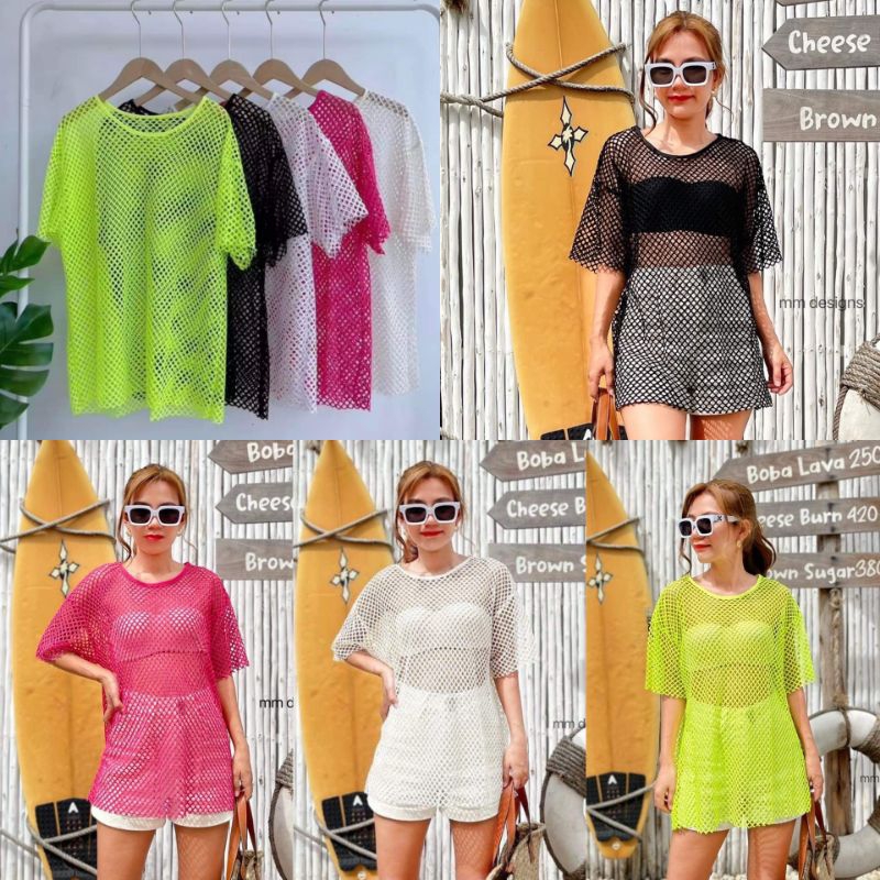 เสื้อตาข่ายซีทรูแขนสั้น สีสัน colorful ใส่คลุมบิกินี่ ใส่คลุมออกกำลังกาย