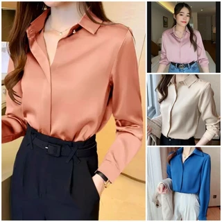 D015 เสื้อเชิ้ตซาตินเกรดพรีเมี่ยม คอแต่งกระดุมเพชร เป็นงานซ่อมกระดุม 20สี