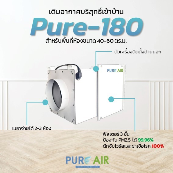เครื่องเติมอากาศแบบด้านนอก PureAir รุ่น Pure-180 ฟิลเตอร์ 3 ชั้นกรอง สำหรับห้องไม่เกิน 60 ตร.ม.