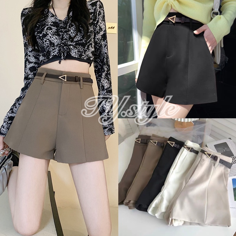 •S-2XL• กางเกงขาสั้นทรงเบสิค กระเป๋าข้าง งานซิปหน้า มีเข็มขัด #INT3361