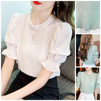 พร้อมส่ง : เสื้อคอกลมผ้าอัดย่นแขนตุ๊กตา [H28]