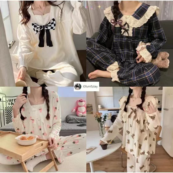 🎀🧸(ราคาที่ถูกที่สุด) ชุดนอนเวอร์ชั่นเกาหลี,ชุดนอนแขนยาว, คอเหลี่ยมสวย, มีให้เลือก 14 แบบ,M-2XL