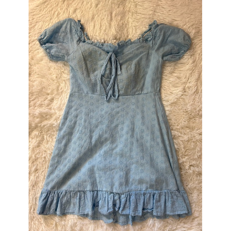 เดรสสีฟ้าลายฉลุ งานป้ายnuyshop size S