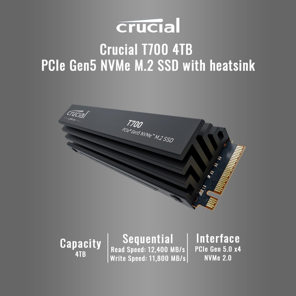 Crucial T700 4TB Gen5 M.2 SSD with heatsink 12,400 MB/s