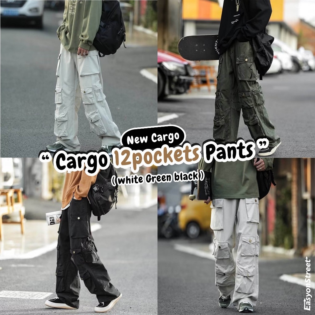 Cargo pants กางเกงคาร์โก้ รุ่น Cargo12pockets ทรงกระบอกตรง12กระเป๋า เนื้อผ้าCotton ใส่สบาย เสื้อผ้าผู้ชาย สตรีทแฟชั่น