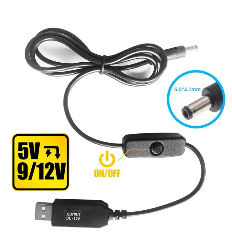 สายแปลงพาวเวอร์แบงค์ 5V เป็น 9V 12V USB พร้อมสวิตช์บูสท์ไลน์