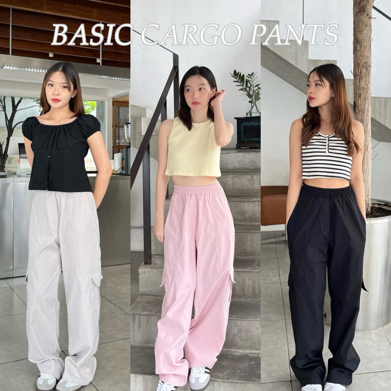 BASIC CARGO PANTS - กางเกงคาโก้เอวยางยืด เนื้อผ้าหนาอยู่ทรง (nita.bkk)
