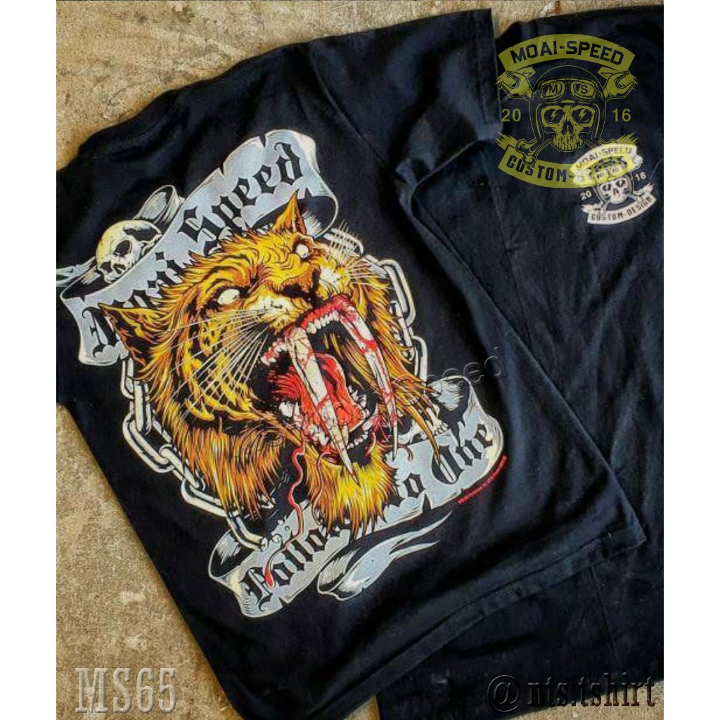MS 65  Tiger  เสื้อยืด สีดำ ไบค์เกอร์ ออกทริป รถแข่ง Moai Speed T-Shirt ผ้าคอตตอน สกรีนลาย S M L XL 