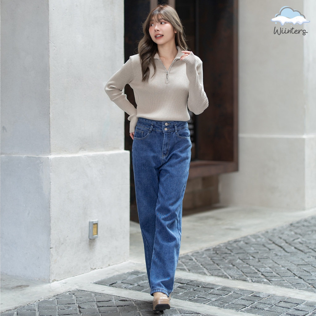 S-2XL [ 2 Botton Straight Leg Jeans - D22 ]​ 4 สี I กางเกงยีนส์บุขน กางเกงขายาวบุขน ยีนส์ขากระบอกใหญ่ กันหนาวติดลบ - รูปที่ 2