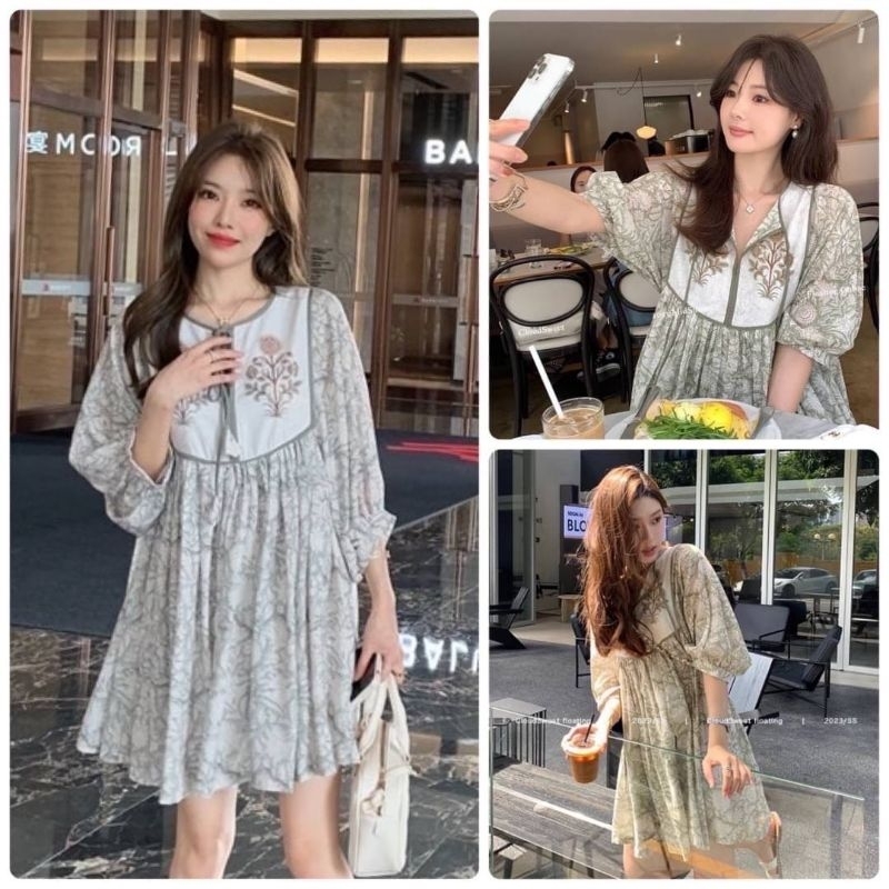 เดรสสั้นแขนสามส่วน เนื้อผ้าชีฟองทึบ ช่วงลำตัวทรงปล่อยๆ รุ่นนี้สวมใส่สบายๆ