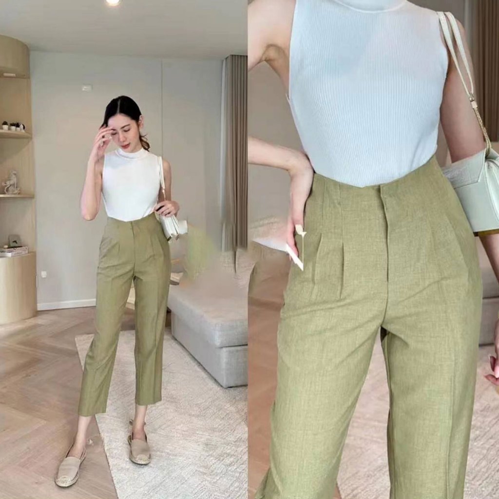 พร้อมส่ง กางเกงขายาวผู้หญิง สไตล์เกาหลีเรียบง่าย สีพื้น