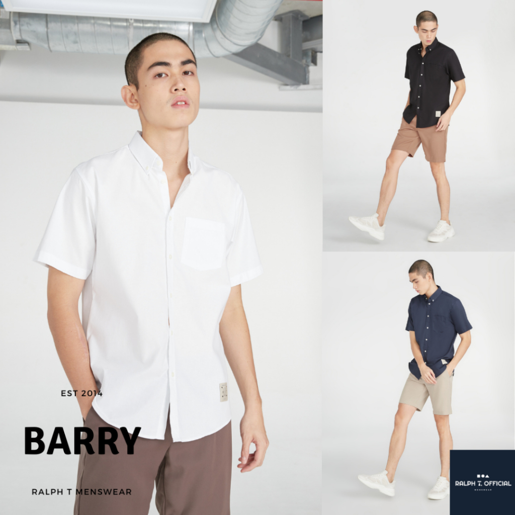 เสื้อเชิ้ต แขนสั้น ผู้ชาย OXFORD BEIGE BADGE รุ่น BARRY - RALPH T เสื้อเชิ้ตผู้ชาย