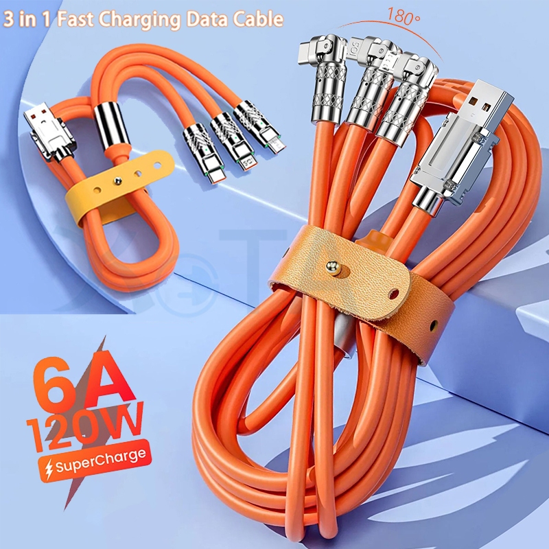 180°การหมุน สายชาร์จ 3in1 หัวชาร์จ 3 หัว Micro Type-C iO-S สายชาร์จเร็ว 120W 6A Super Fast Charge LED OD6.0 สายชาร์จไนล่