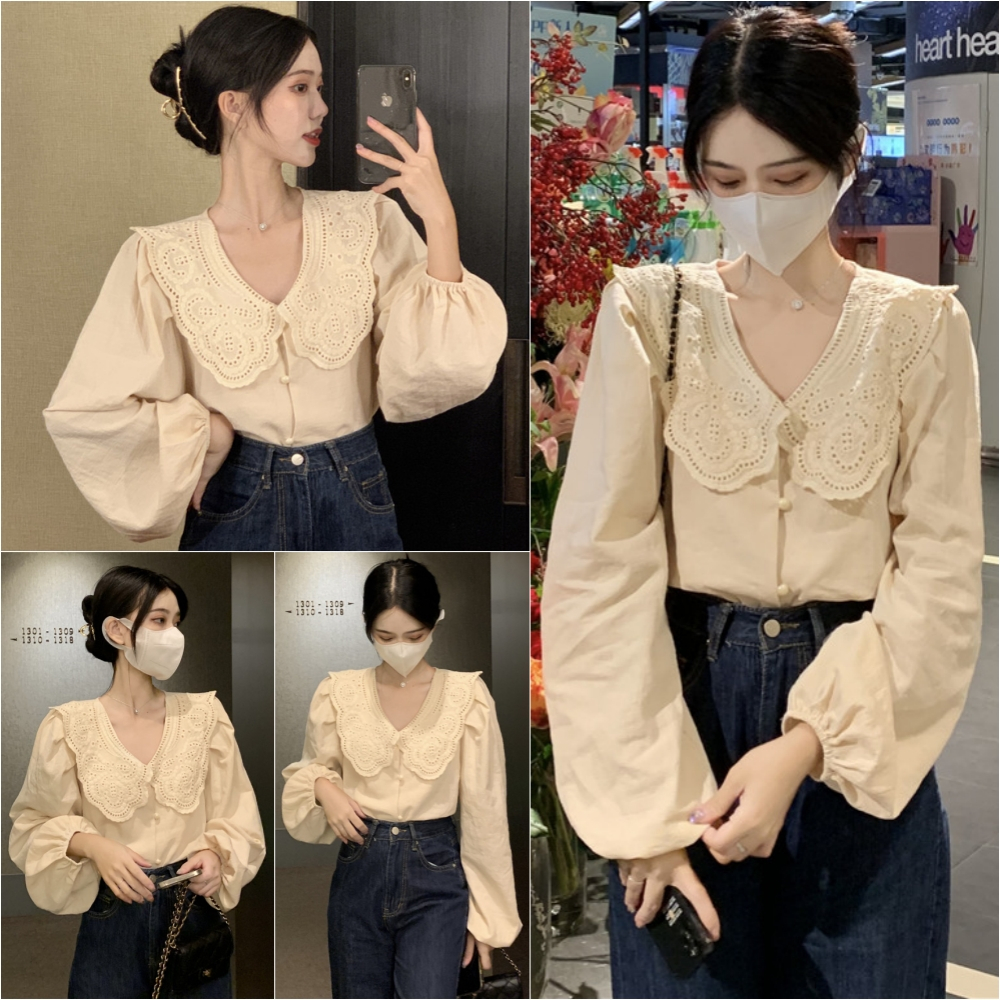 ⚡ล้างสต็อก⚡ HJB2882 รุ่นใหม่ล่าสุด ❤️ เสื้อแขนยาวพองๆเชิ้ตคอวี shirt คอบัวแต่งปกน่ารักๆ ใส่ทำงาน แมชง่ายกับทุกลุค