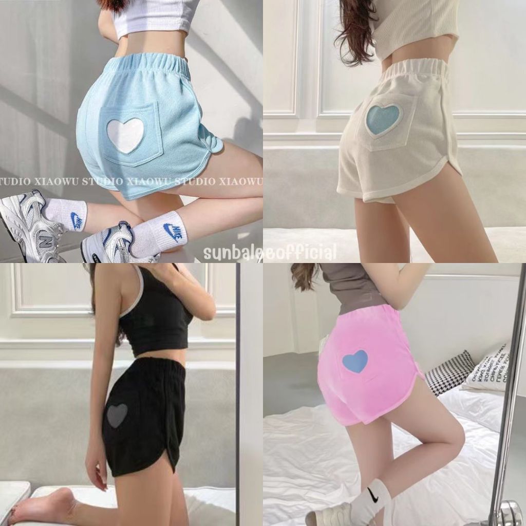 PFE🩷กางเกงลายหัวใจ กางเกงขาสั้น สีพาสเทล ลำลอง ผ้านิ่ม ขาสั้นผ้าคอตตอน ทรงสปอต🩷
