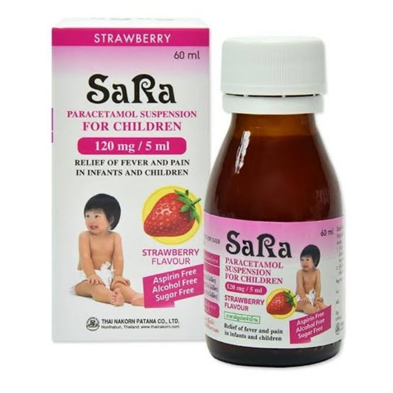 Sara 120mg/5ml ซาร่า รสสตรอเบอรี่ บรรเทาปวดลดไข้ สำหรับเด็กทารกและเด็กเล็ก