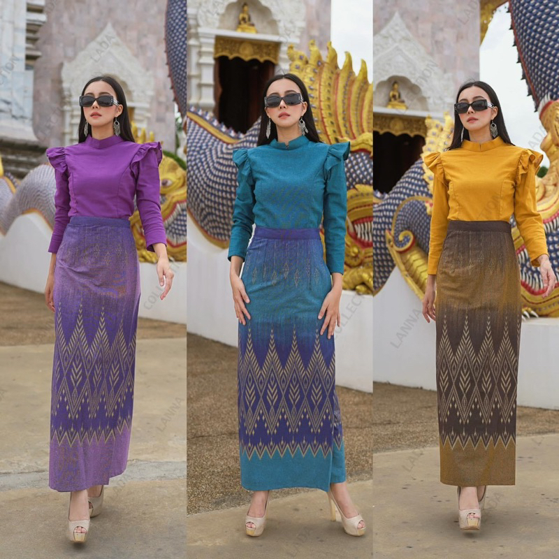 เซ็ทไทยบรมพิมานประยุกต์เสริมระบายตรงไหล่มาคู่ผ้าถุงสำเร็จลายต้นสน