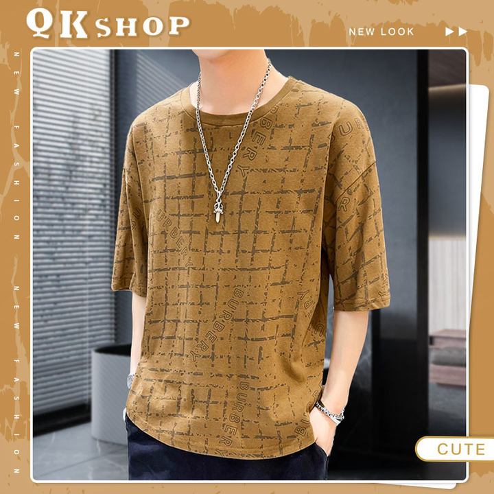 QKshop ราคาถูก เสื้อผ้าผู้ชาย ชาย คอกลม แขนสั้น ดีไซน์แต่งลวดลายสุดเก๋ สกรีนลายเท่ไม่มีใครซ้ำ เสื้อผู้ชายผ้ายืด เนื้อนิ