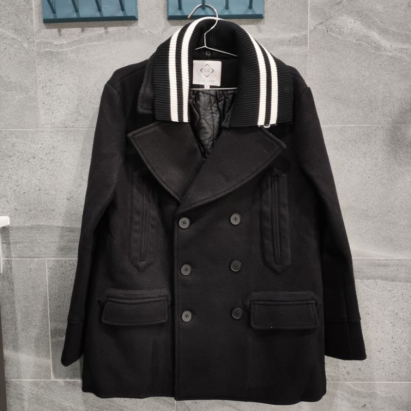 (used) COAT OVER collar stripes coat size M สีดำ เสื้อโค้ท มือสอง