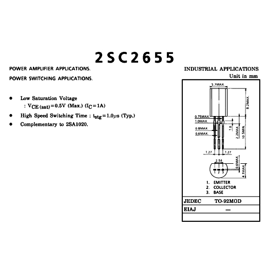2SA1020 2SC2655 2SA1020Y 2SC2655Y A1020Y C2655Y A1020 C2655 TRANSISTOR TO-92MOD PNP NPN 50V 2A - รูปที่ 2